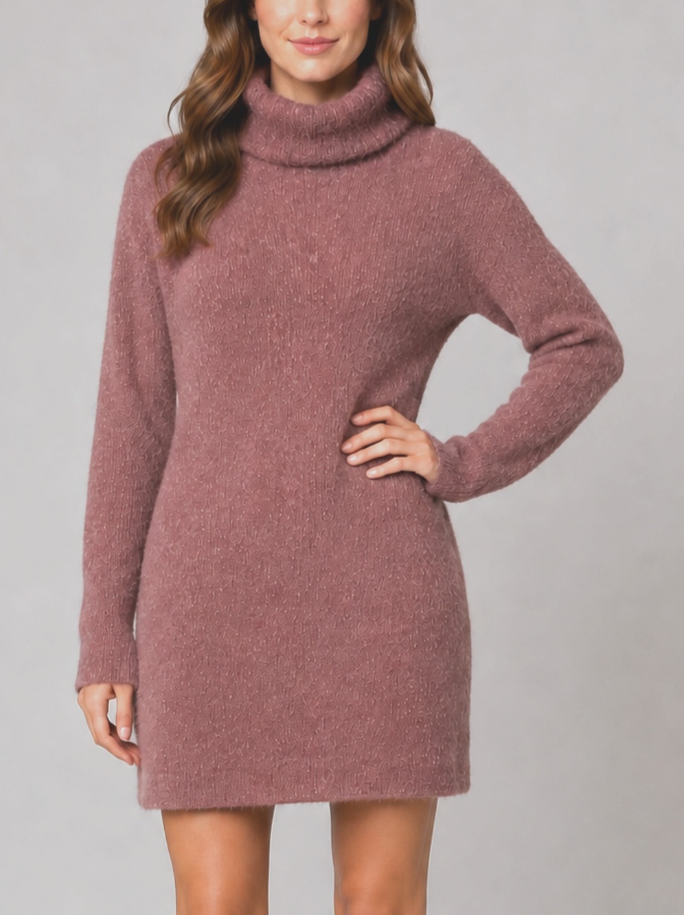 Lulus Sweet Whispers Sweater Dress M Mauve Fuzzy Eyelash Knit Turtleneck Mini